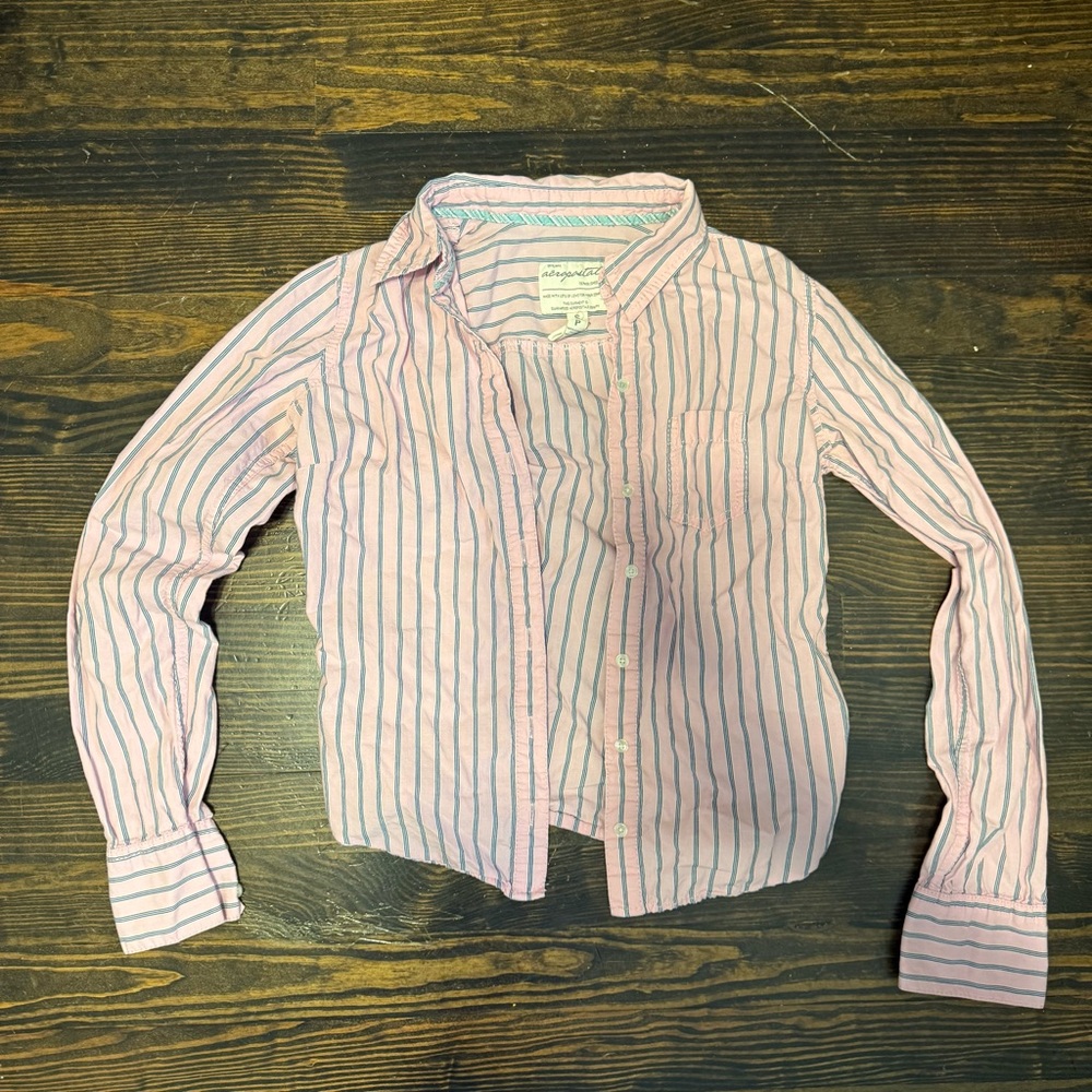 Aeropostale Pink Button-Down Shirt with Blue Stripes